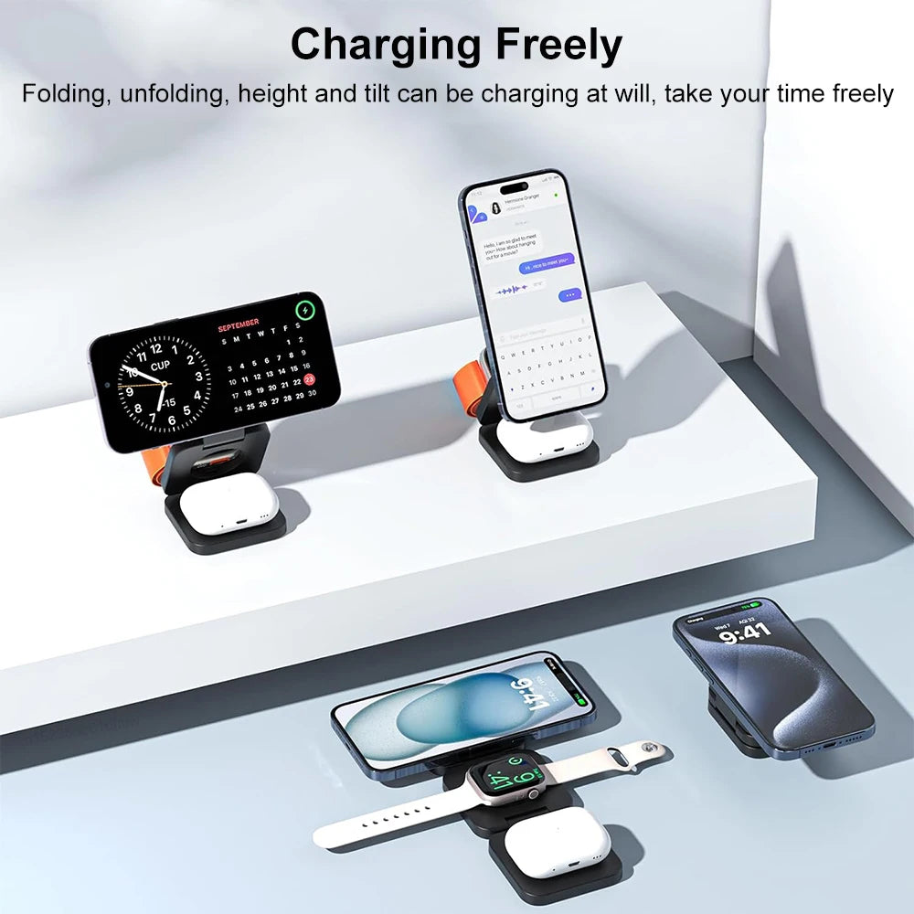 Magnetic Wireless Charger 3-in-1 Foldable Charging Station for iPhone, Apple Watch, and Airpods